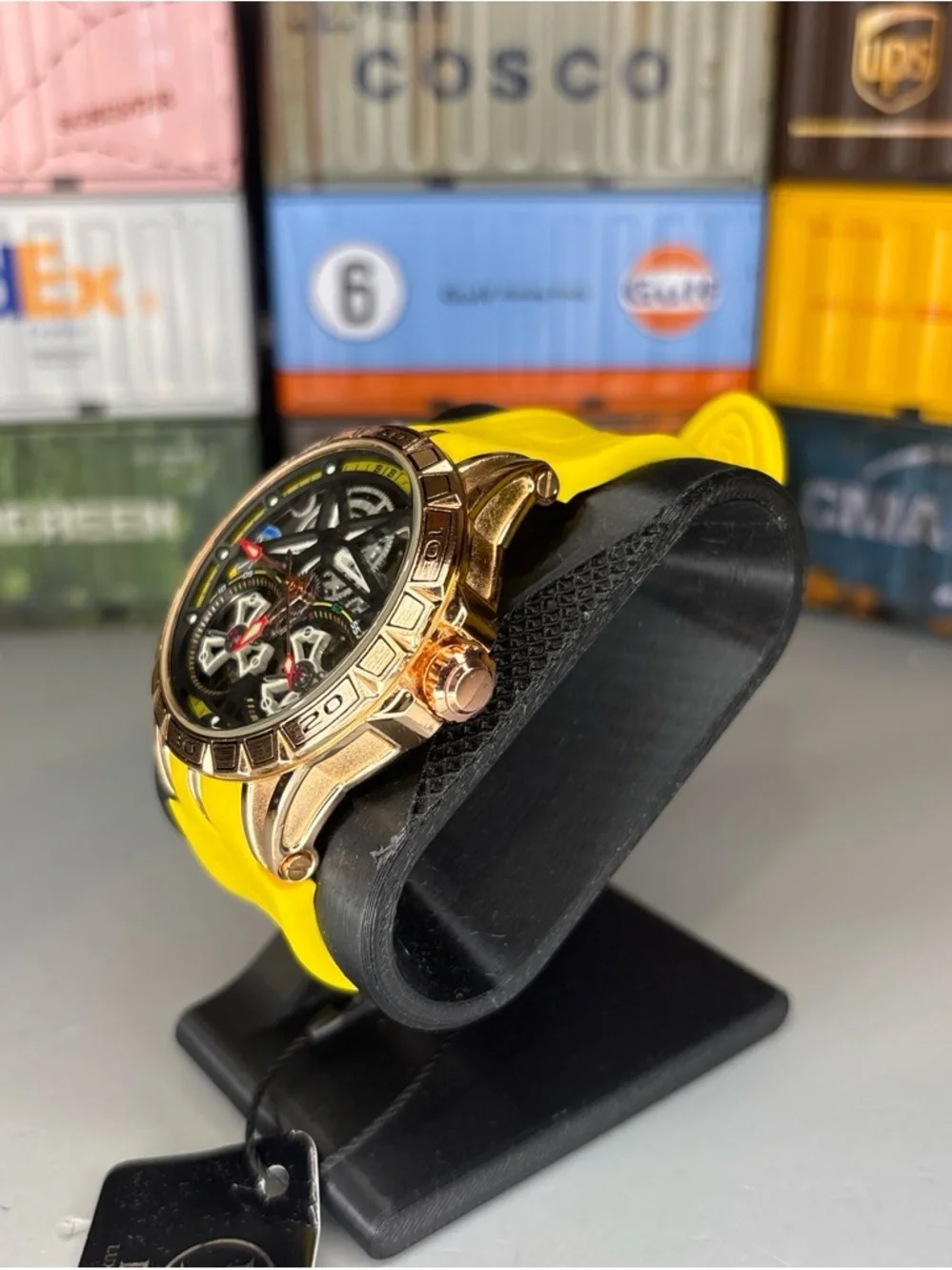 BiBi Automatic Men’s Skeleton Dial Watch with Yellow Strap and Rose Gold Case